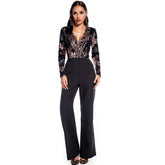Retro Long Sleeve Sequin Stitching Jumpsuit